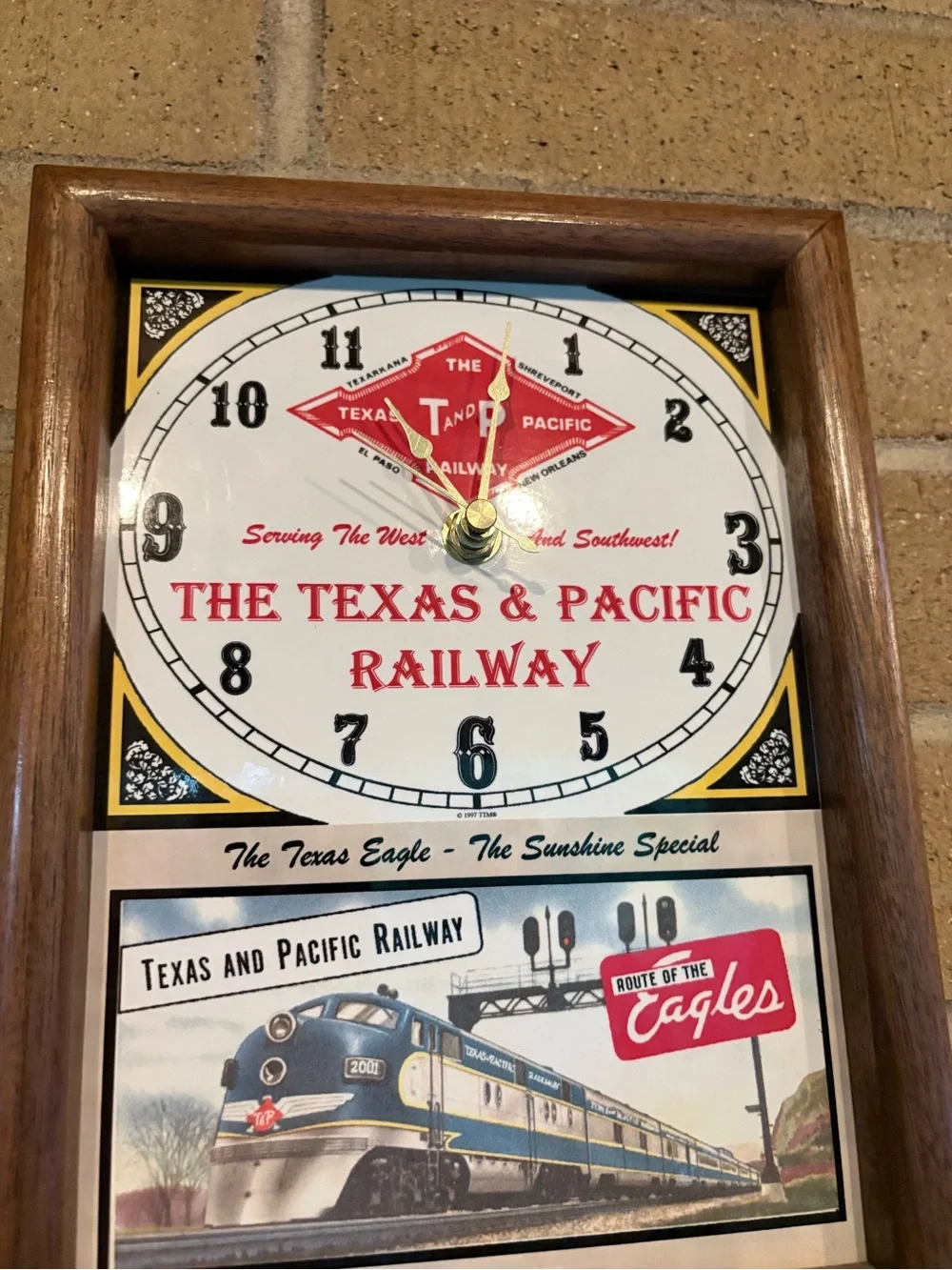 Texas & Pacific Railway Wall Clock Walnut Frame Quartz Railroad Decor Vintage